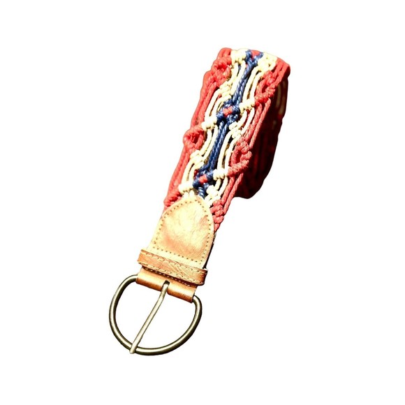 Y2K Women Crochet Braid Wide Belt 42" Red Multi Boho Hippie Round Buckle Leather - Picture 2 of 8